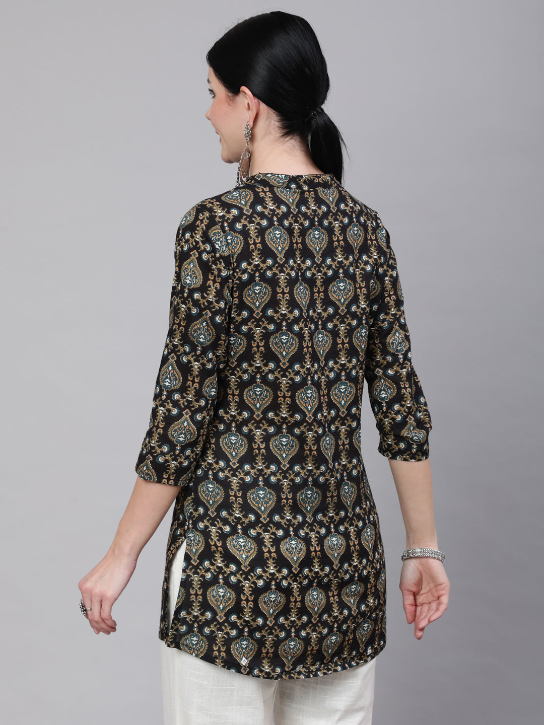 Women Black Ethnic Printed Straight Tunic With Three Quarter Sleeves | LASVINI - Redefining Indian Fashion with Elegance