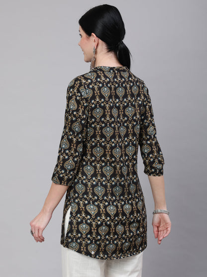 Women Black Ethnic Printed Straight Tunic With Three Quarter Sleeves | LASVINI - Redefining Indian Fashion with Elegance