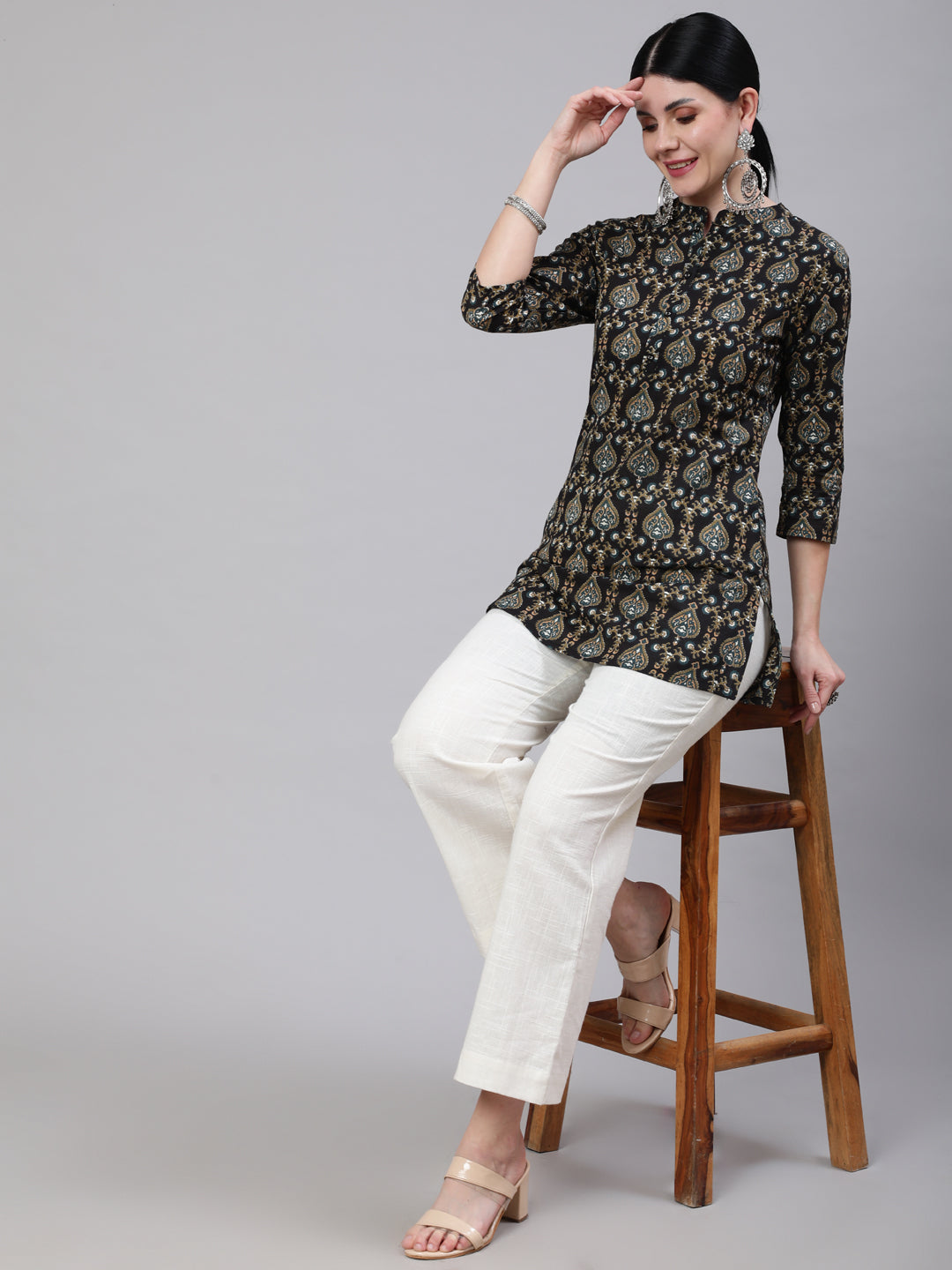 Women Black Ethnic Printed Straight Tunic With Three Quarter Sleeves | LASVINI - Redefining Indian Fashion with Elegance