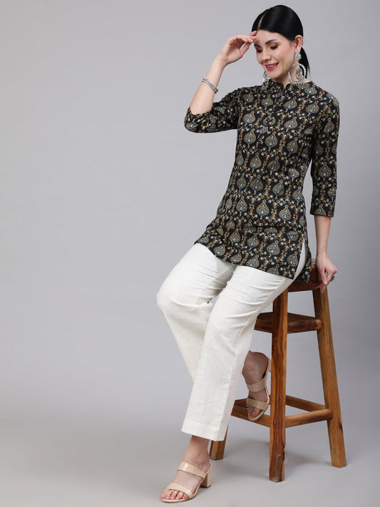 Women Black Ethnic Printed Straight Tunic With Three Quarter Sleeves | LASVINI - Redefining Indian Fashion with Elegance
