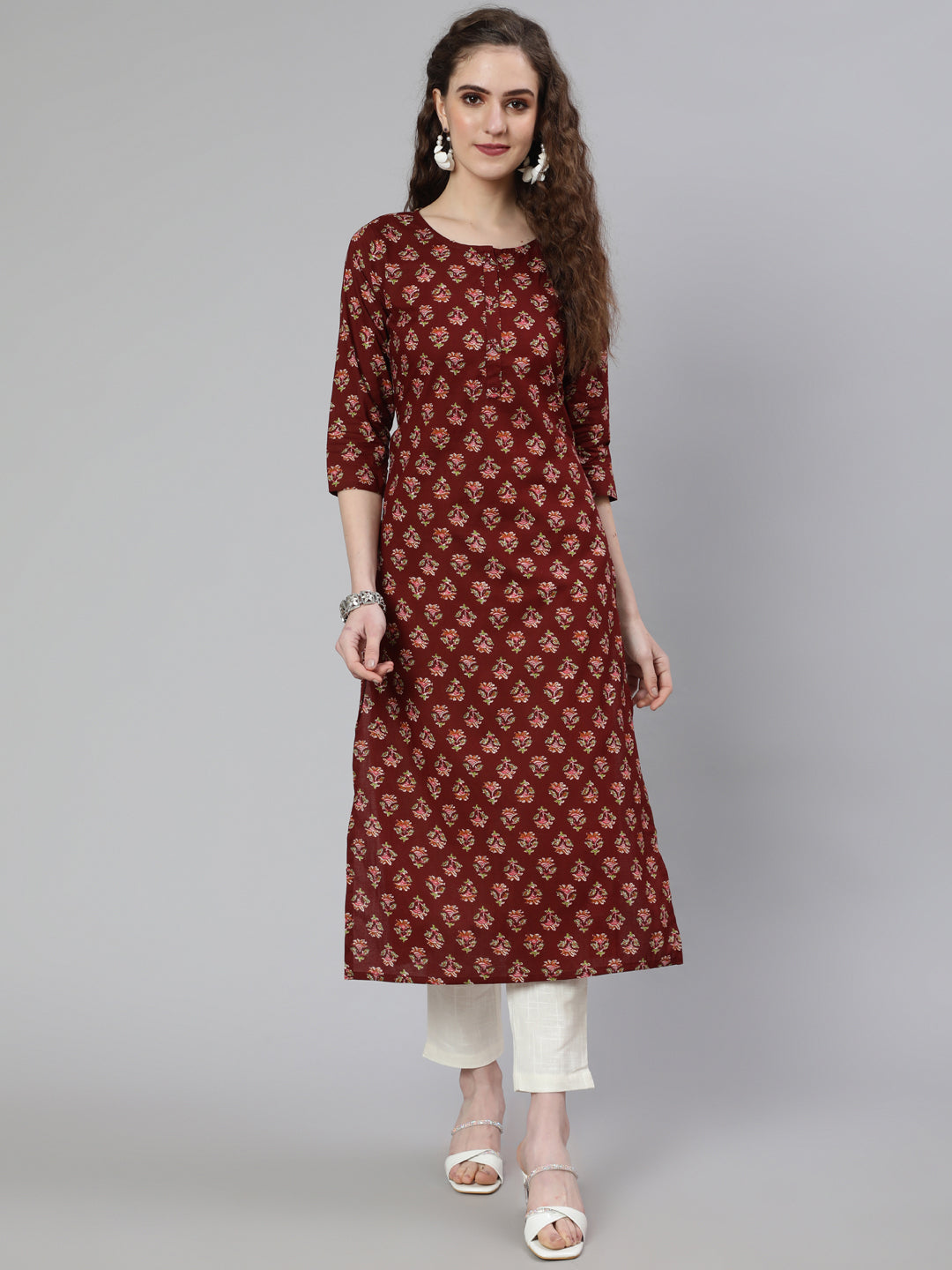 Women Brown Printed Straight Kurta With Three Quarter Sleeves | LASVINI - Redefining Indian Fashion with Elegance