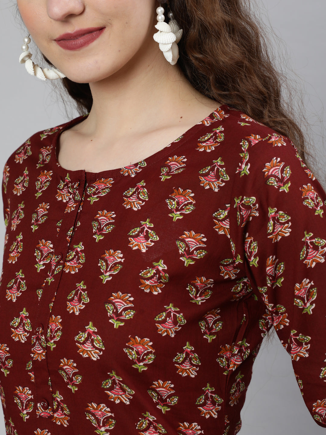 Women Brown Printed Straight Kurta With Three Quarter Sleeves | LASVINI - Redefining Indian Fashion with Elegance