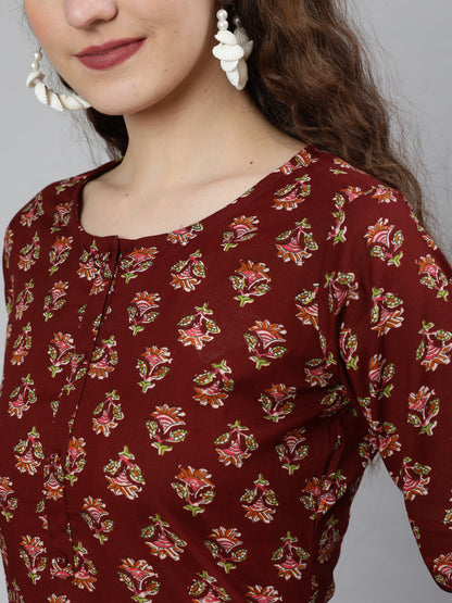 Women Brown Printed Straight Kurta With Three Quarter Sleeves | LASVINI - Redefining Indian Fashion with Elegance