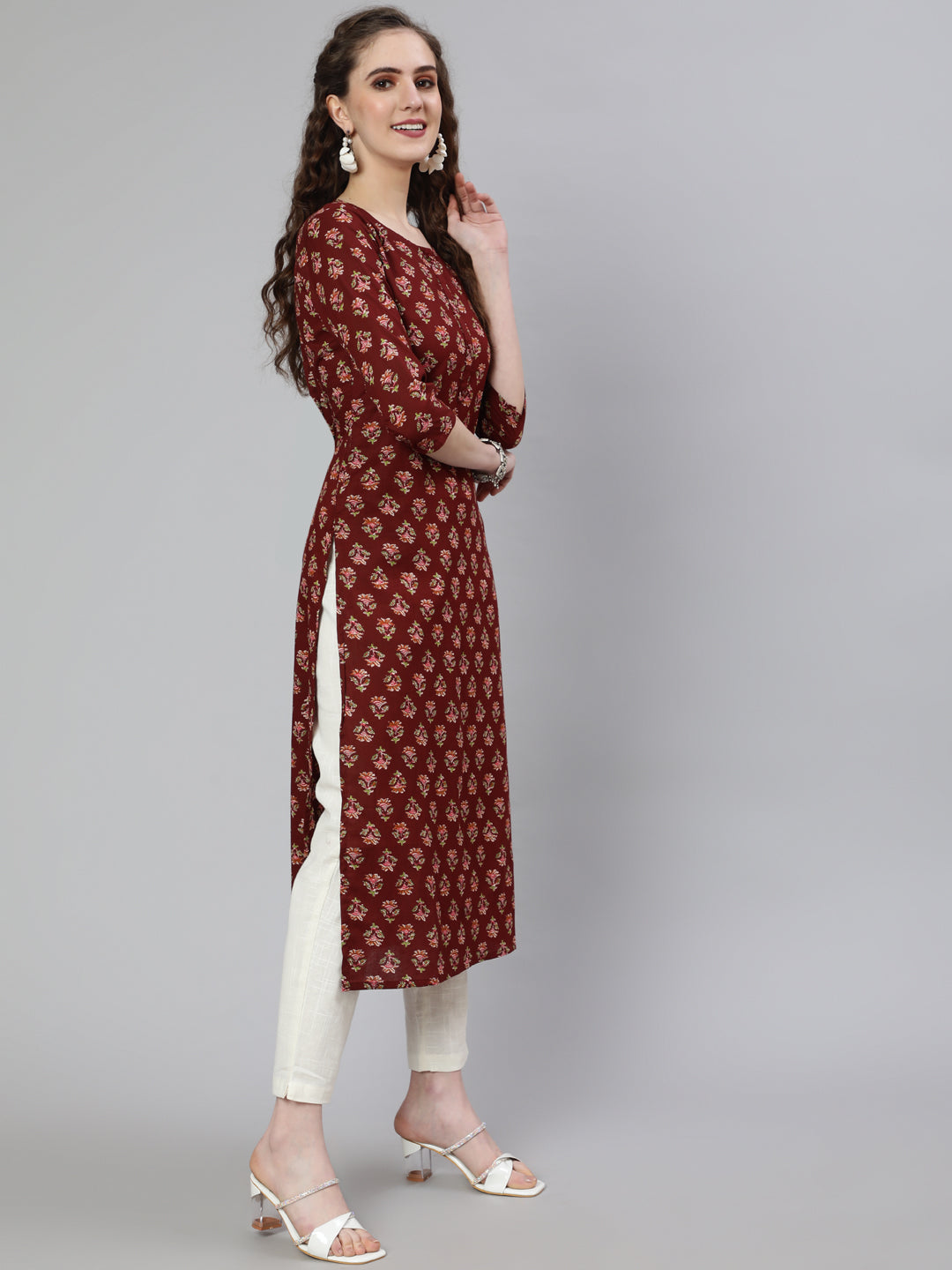 Women Brown Printed Straight Kurta With Three Quarter Sleeves | LASVINI - Redefining Indian Fashion with Elegance