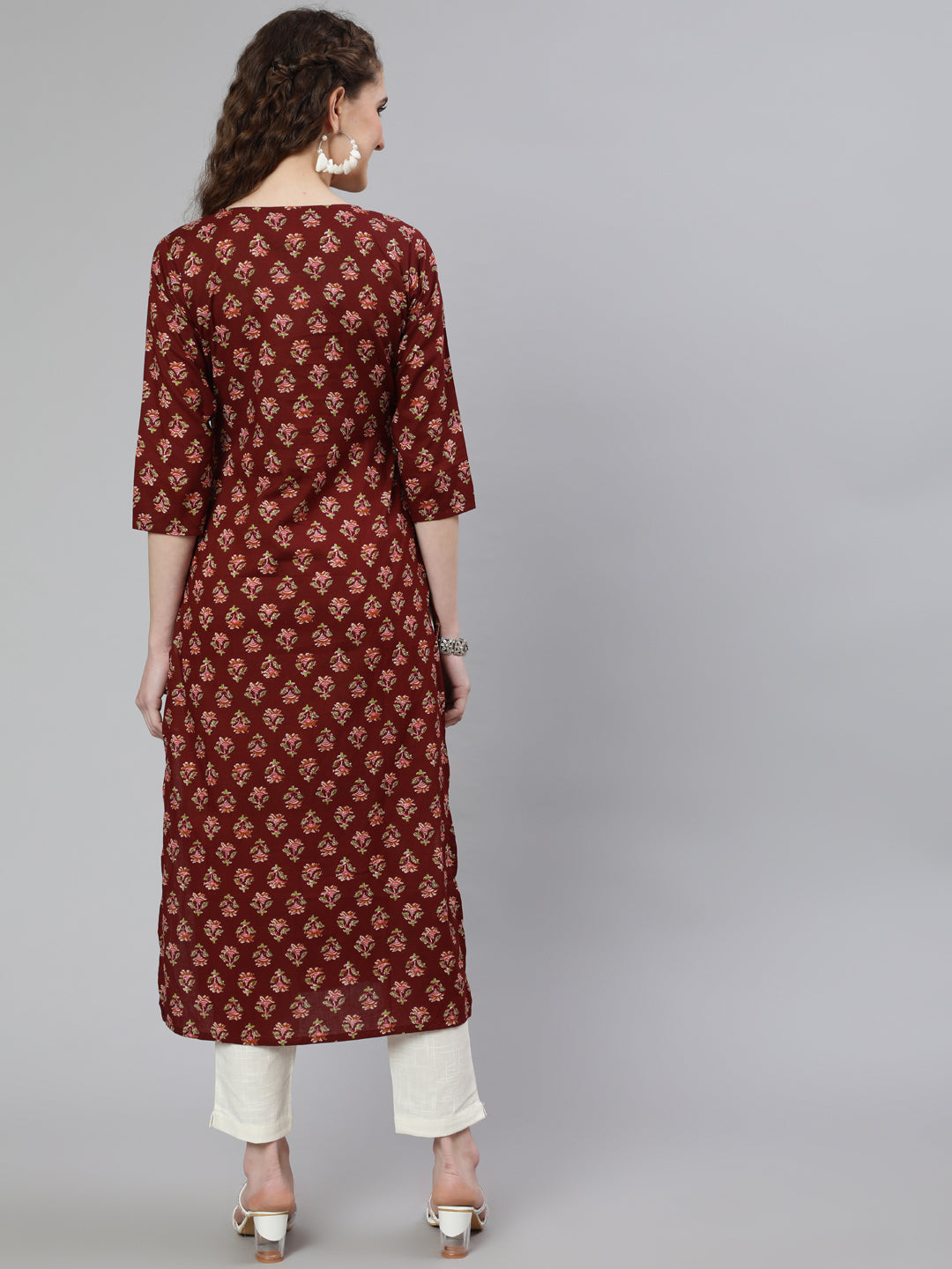 Women Brown Printed Straight Kurta With Three Quarter Sleeves | LASVINI - Redefining Indian Fashion with Elegance