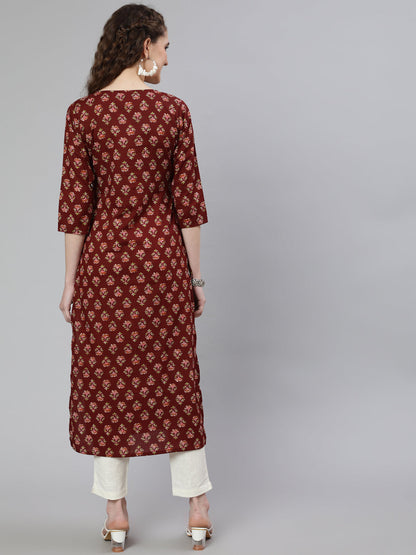 Women Brown Printed Straight Kurta With Three Quarter Sleeves | LASVINI - Redefining Indian Fashion with Elegance
