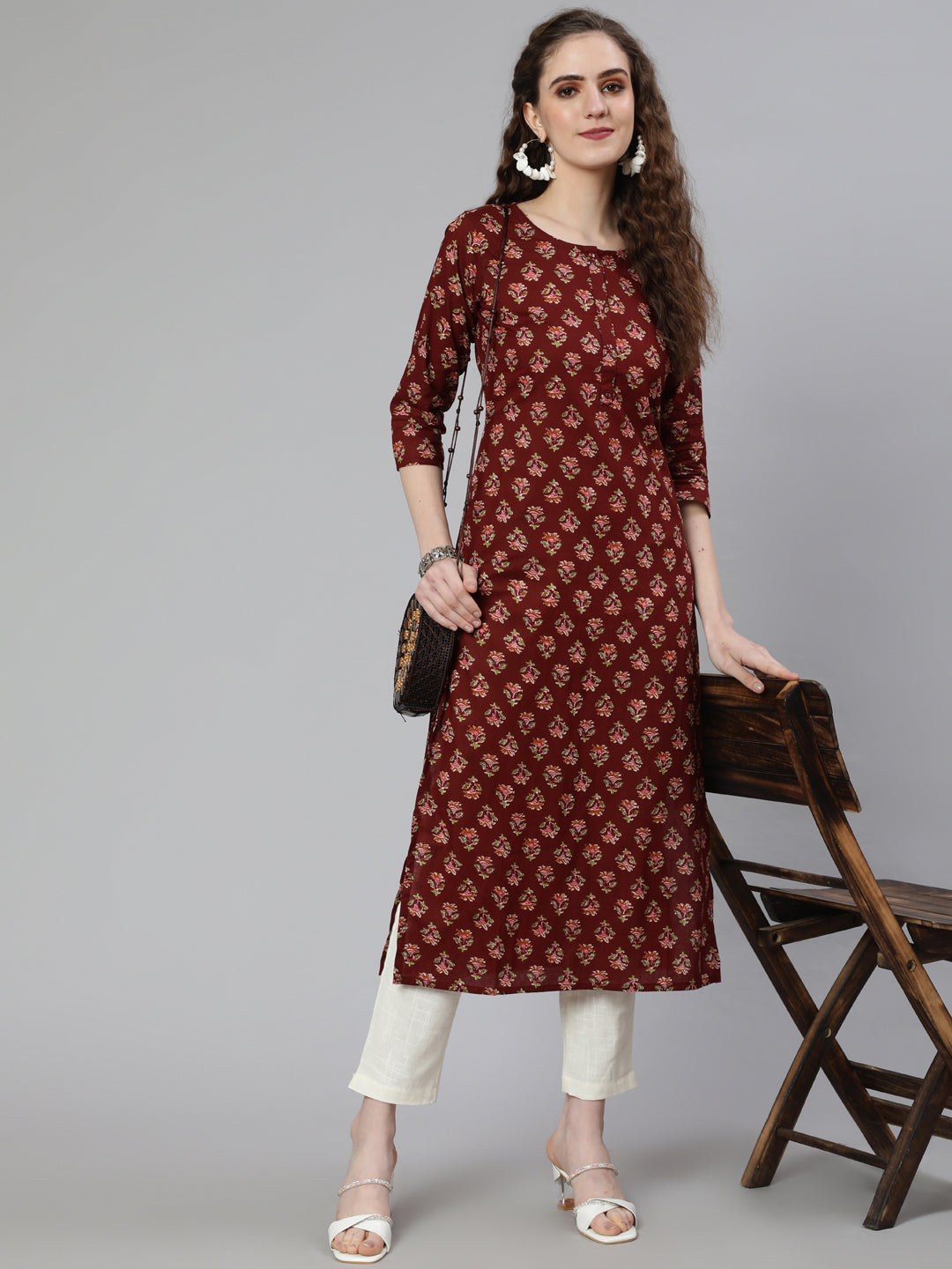 Women Brown Printed Straight Kurta With Three Quarter Sleeves | LASVINI - Redefining Indian Fashion with Elegance