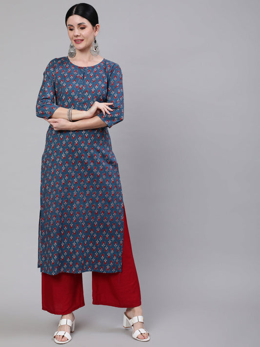 Women Blue Ethnic Printed Straight Kurta With Three Quarter Sleeves | LASVINI - Redefining Indian Fashion with Elegance