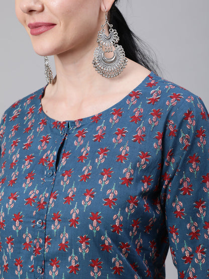 Women Blue Ethnic Printed Straight Kurta With Three Quarter Sleeves | LASVINI - Redefining Indian Fashion with Elegance