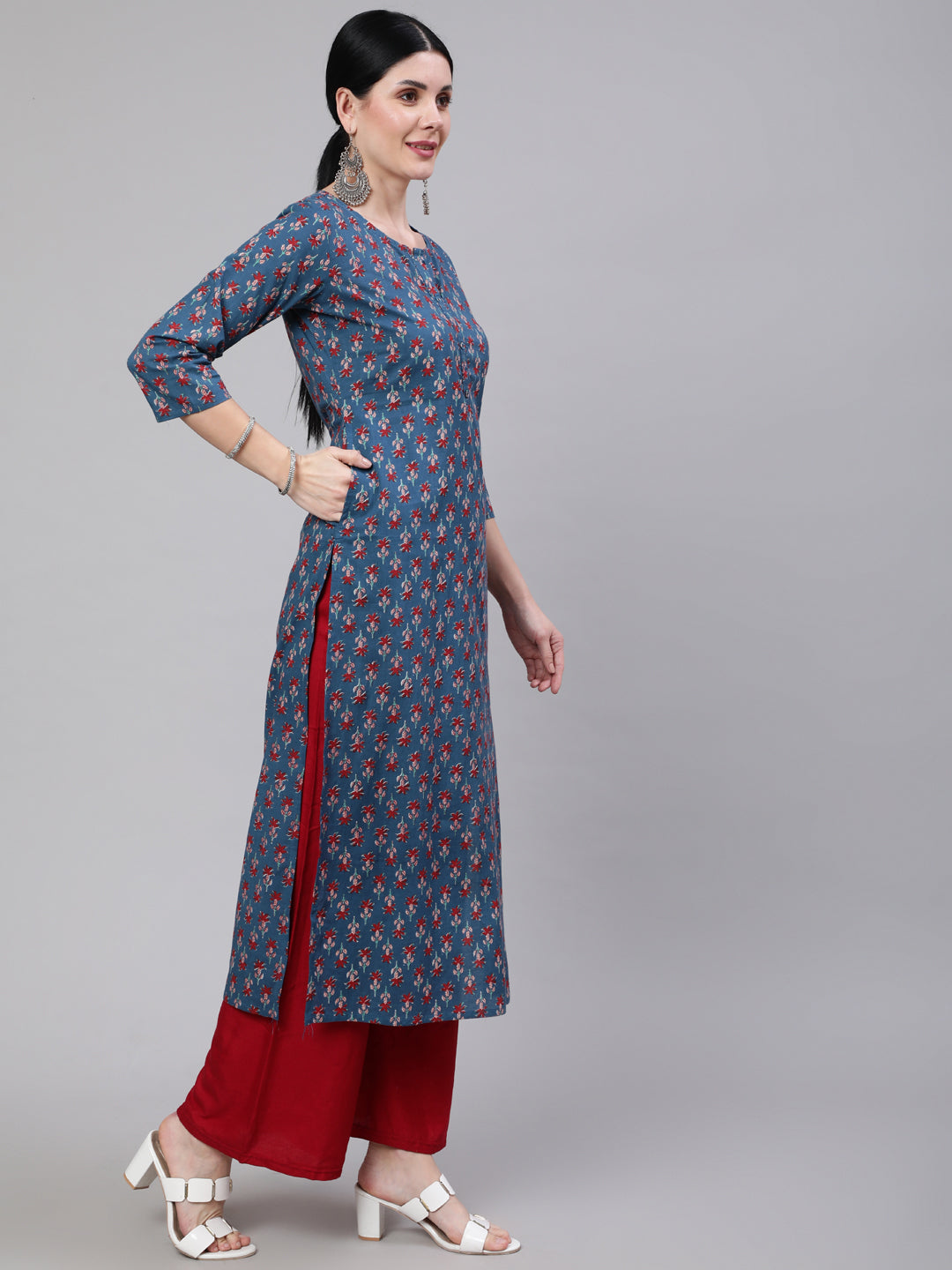 Women Blue Ethnic Printed Straight Kurta With Three Quarter Sleeves | LASVINI - Redefining Indian Fashion with Elegance