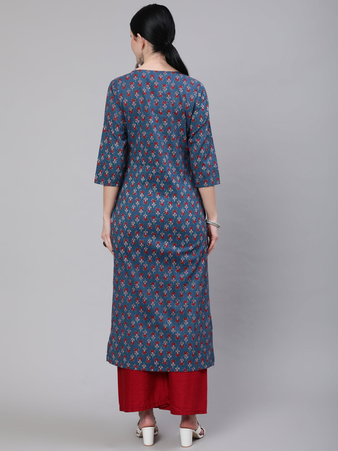 Women Blue Ethnic Printed Straight Kurta With Three Quarter Sleeves | LASVINI - Redefining Indian Fashion with Elegance