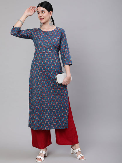 Women Blue Ethnic Printed Straight Kurta With Three Quarter Sleeves | LASVINI - Redefining Indian Fashion with Elegance