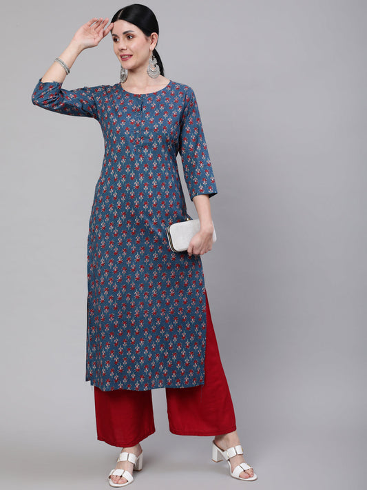 Women Blue Ethnic Printed Straight Kurta With Three Quarter Sleeves | LASVINI - Redefining Indian Fashion with Elegance