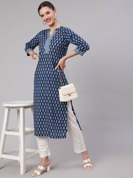 Women Blue Printed Straight Kurta With Three Quarter Sleeves | LASVINI - Redefining Indian Fashion with Elegance
