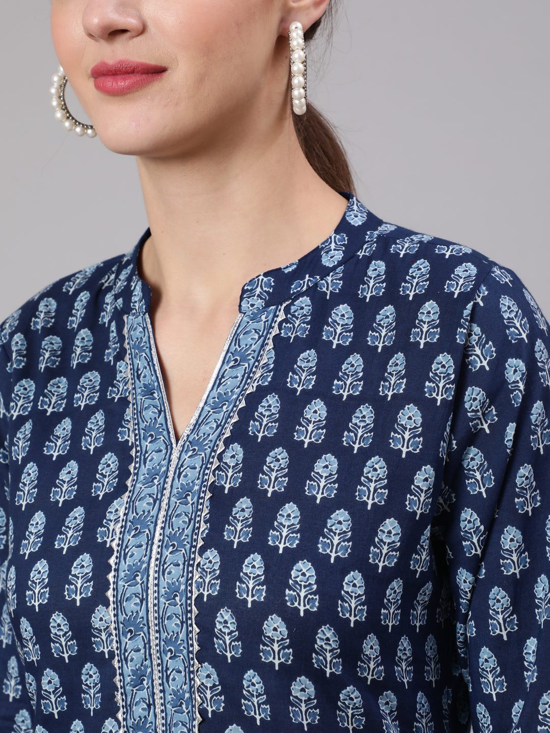 Women Blue Printed Straight Kurta With Three Quarter Sleeves | LASVINI - Redefining Indian Fashion with Elegance