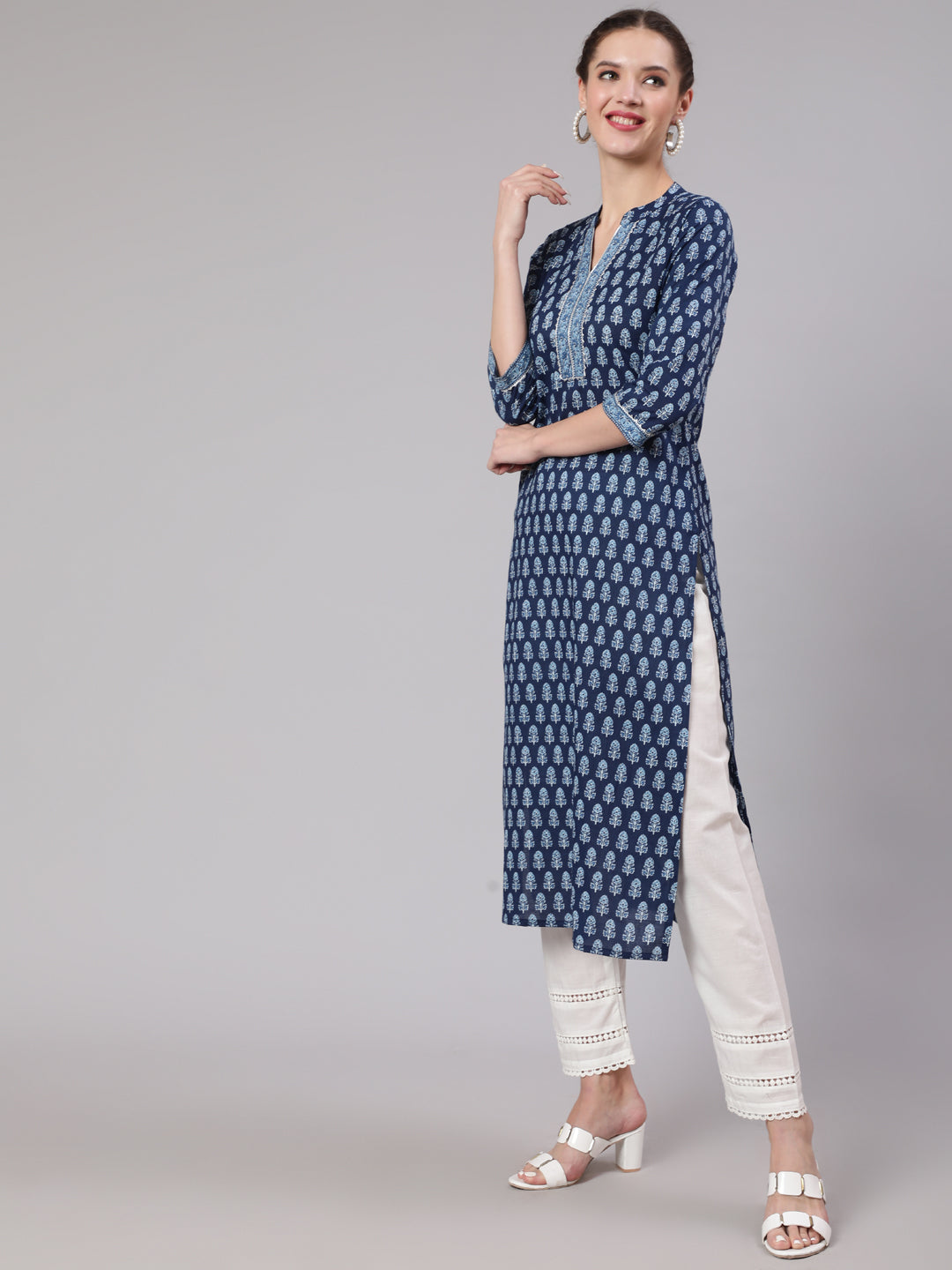 Women Blue Printed Straight Kurta With Three Quarter Sleeves | LASVINI - Redefining Indian Fashion with Elegance