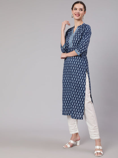 Women Blue Printed Straight Kurta With Three Quarter Sleeves | LASVINI - Redefining Indian Fashion with Elegance
