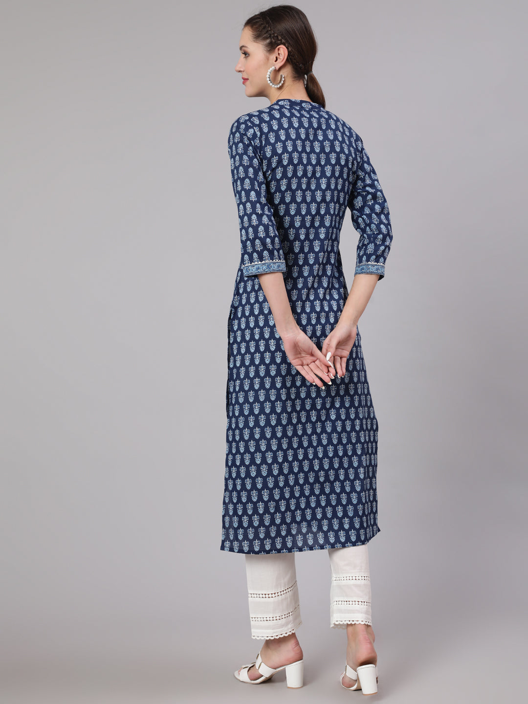 Women Blue Printed Straight Kurta With Three Quarter Sleeves | LASVINI - Redefining Indian Fashion with Elegance