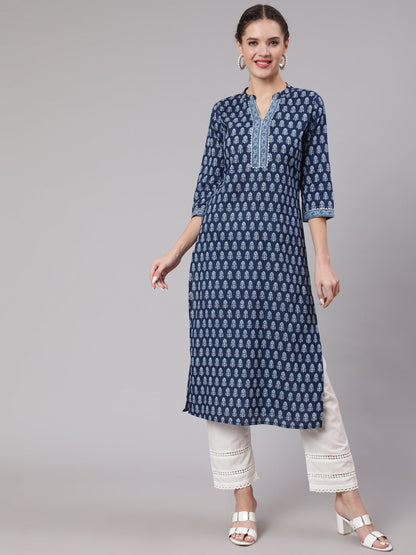 Women Blue Printed Straight Kurta With Three Quarter Sleeves | LASVINI - Redefining Indian Fashion with Elegance