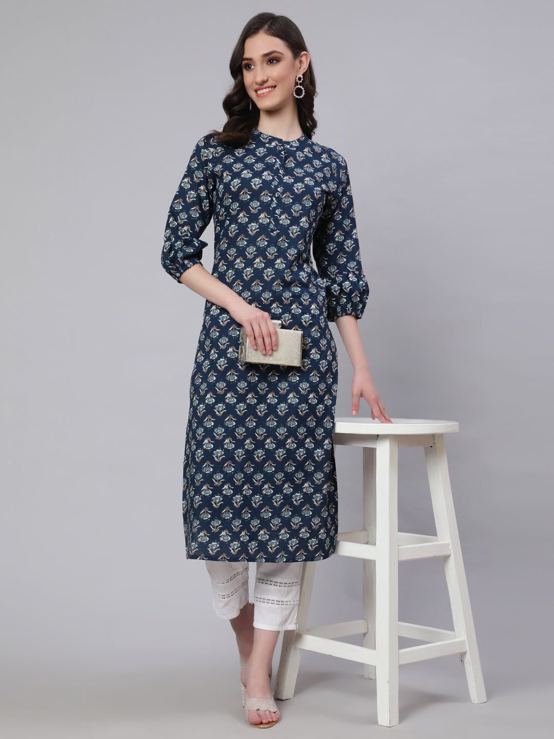 Women Blue Ethnic Printed Straight Kurta With Three Quarter Sleeves | LASVINI - Redefining Indian Fashion with Elegance