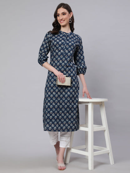 Women Blue Ethnic Printed Straight Kurta With Three Quarter Sleeves | LASVINI - Redefining Indian Fashion with Elegance