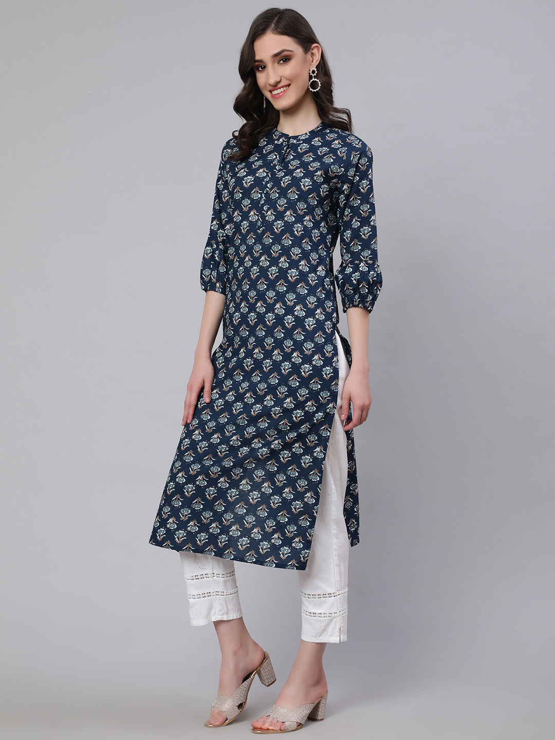 Women Blue Ethnic Printed Straight Kurta With Three Quarter Sleeves | LASVINI - Redefining Indian Fashion with Elegance