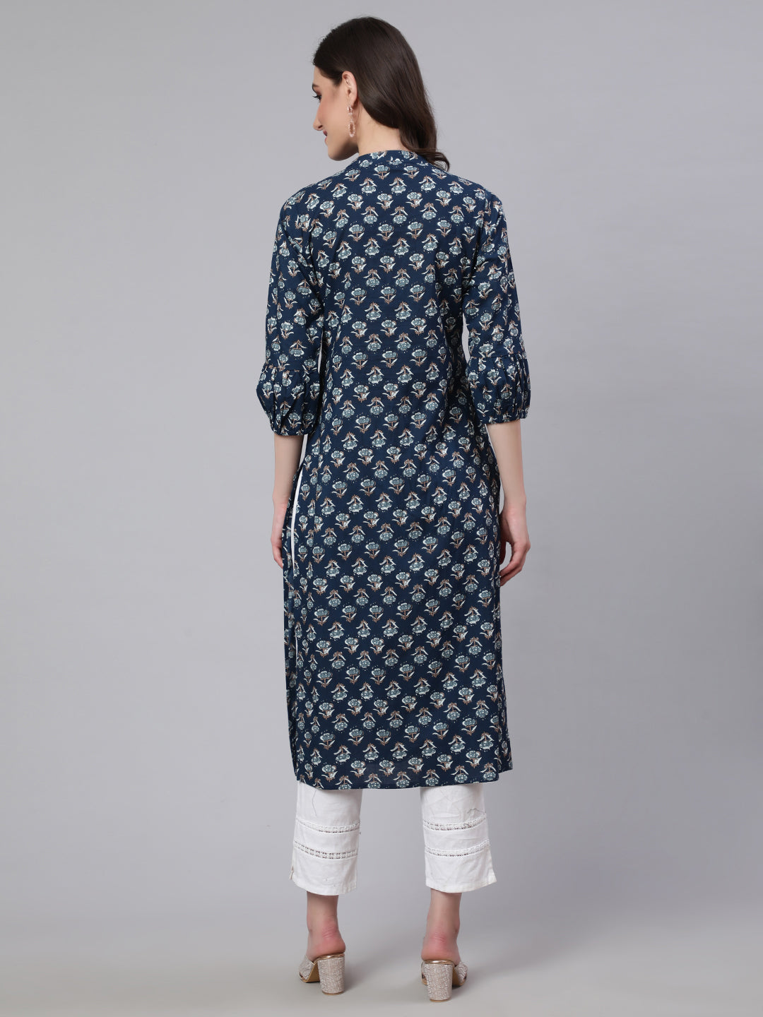 Women Blue Ethnic Printed Straight Kurta With Three Quarter Sleeves | LASVINI - Redefining Indian Fashion with Elegance
