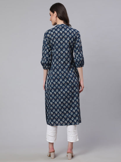 Women Blue Ethnic Printed Straight Kurta With Three Quarter Sleeves | LASVINI - Redefining Indian Fashion with Elegance