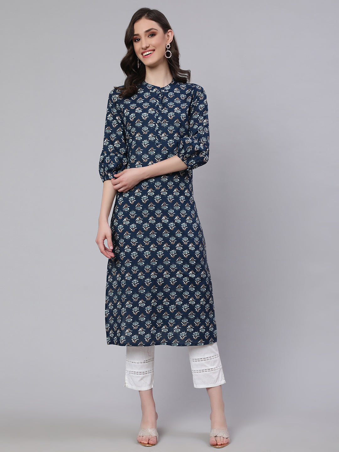 Women Blue Ethnic Printed Straight Kurta With Three Quarter Sleeves | LASVINI - Redefining Indian Fashion with Elegance