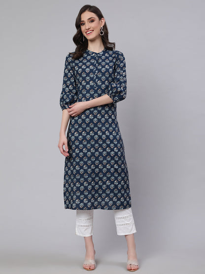 Women Blue Ethnic Printed Straight Kurta With Three Quarter Sleeves | LASVINI - Redefining Indian Fashion with Elegance