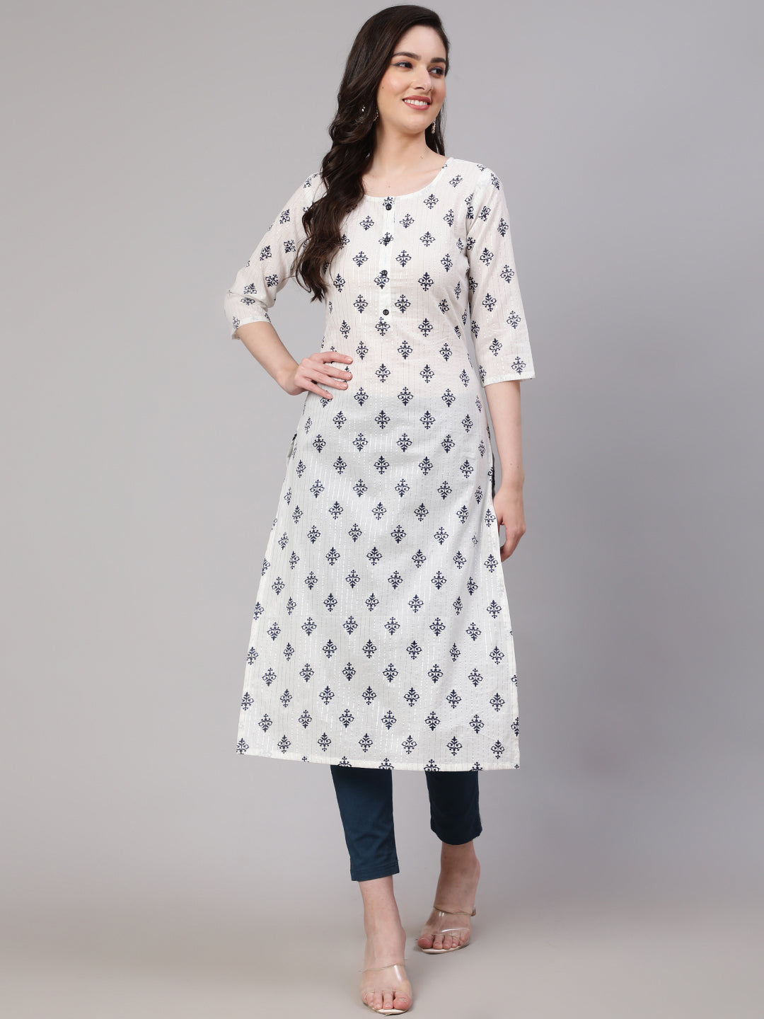 Women Off-White Printed Straight Kurta With Three Quarter Sleeves | LASVINI - Redefining Indian Fashion with Elegance
