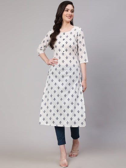 Women Off-White Printed Straight Kurta With Three Quarter Sleeves | LASVINI - Redefining Indian Fashion with Elegance