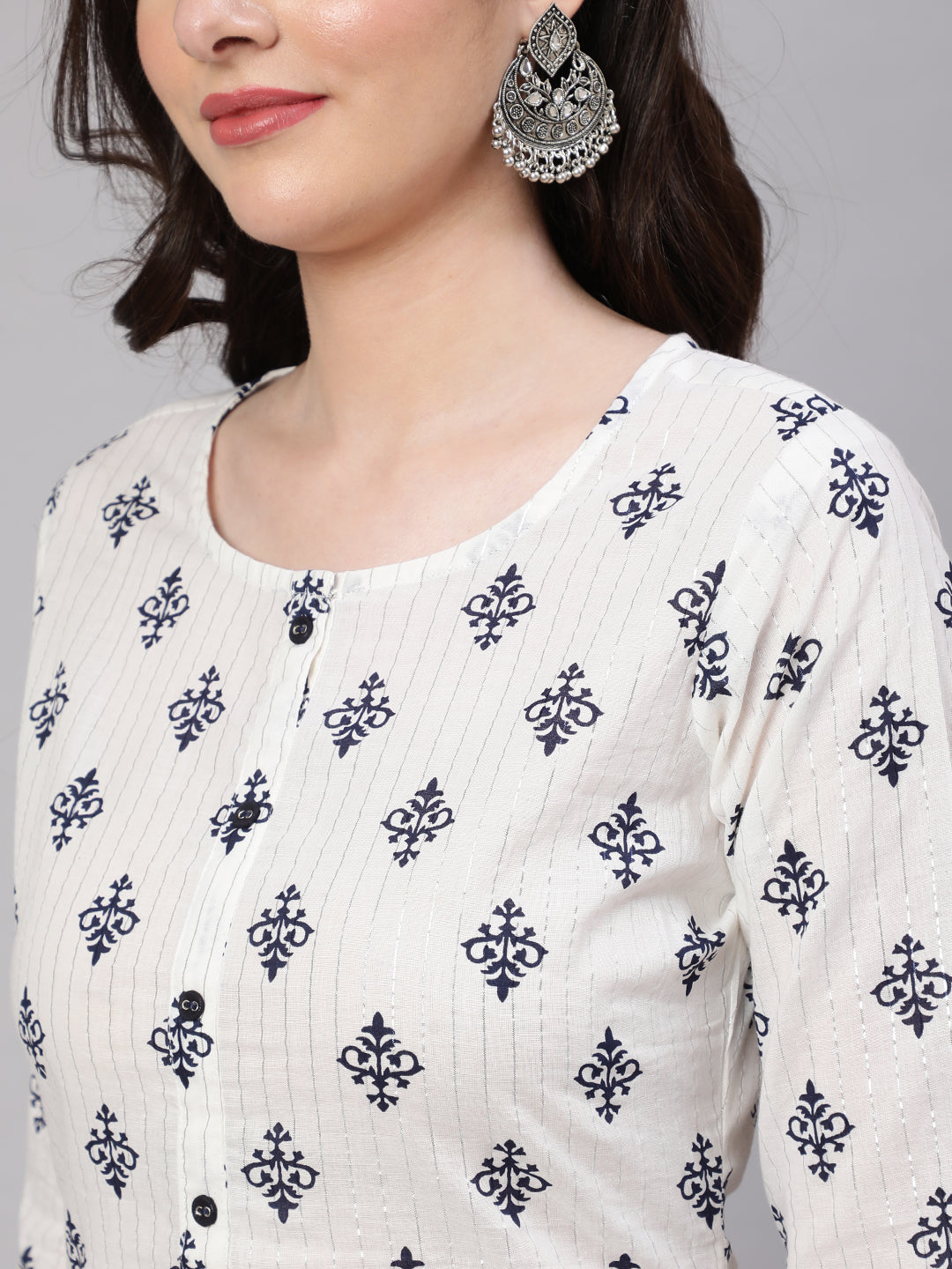 Women Off-White Printed Straight Kurta With Three Quarter Sleeves | LASVINI - Redefining Indian Fashion with Elegance