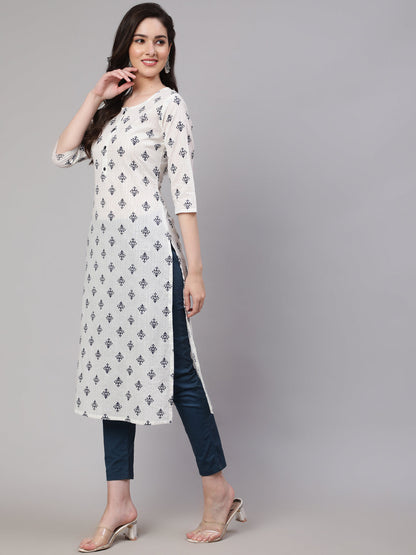 Women Off-White Printed Straight Kurta With Three Quarter Sleeves | LASVINI - Redefining Indian Fashion with Elegance