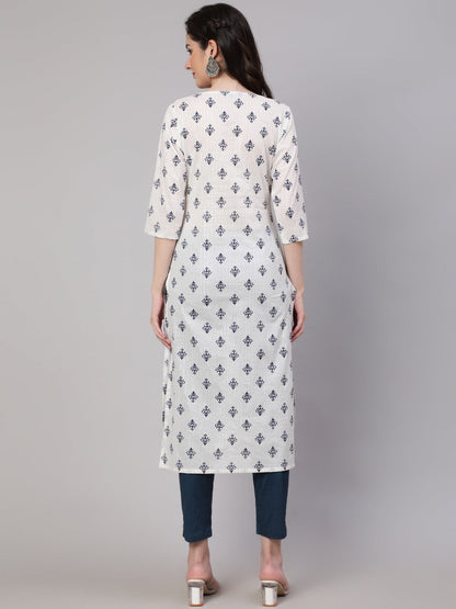Women Off-White Printed Straight Kurta With Three Quarter Sleeves | LASVINI - Redefining Indian Fashion with Elegance