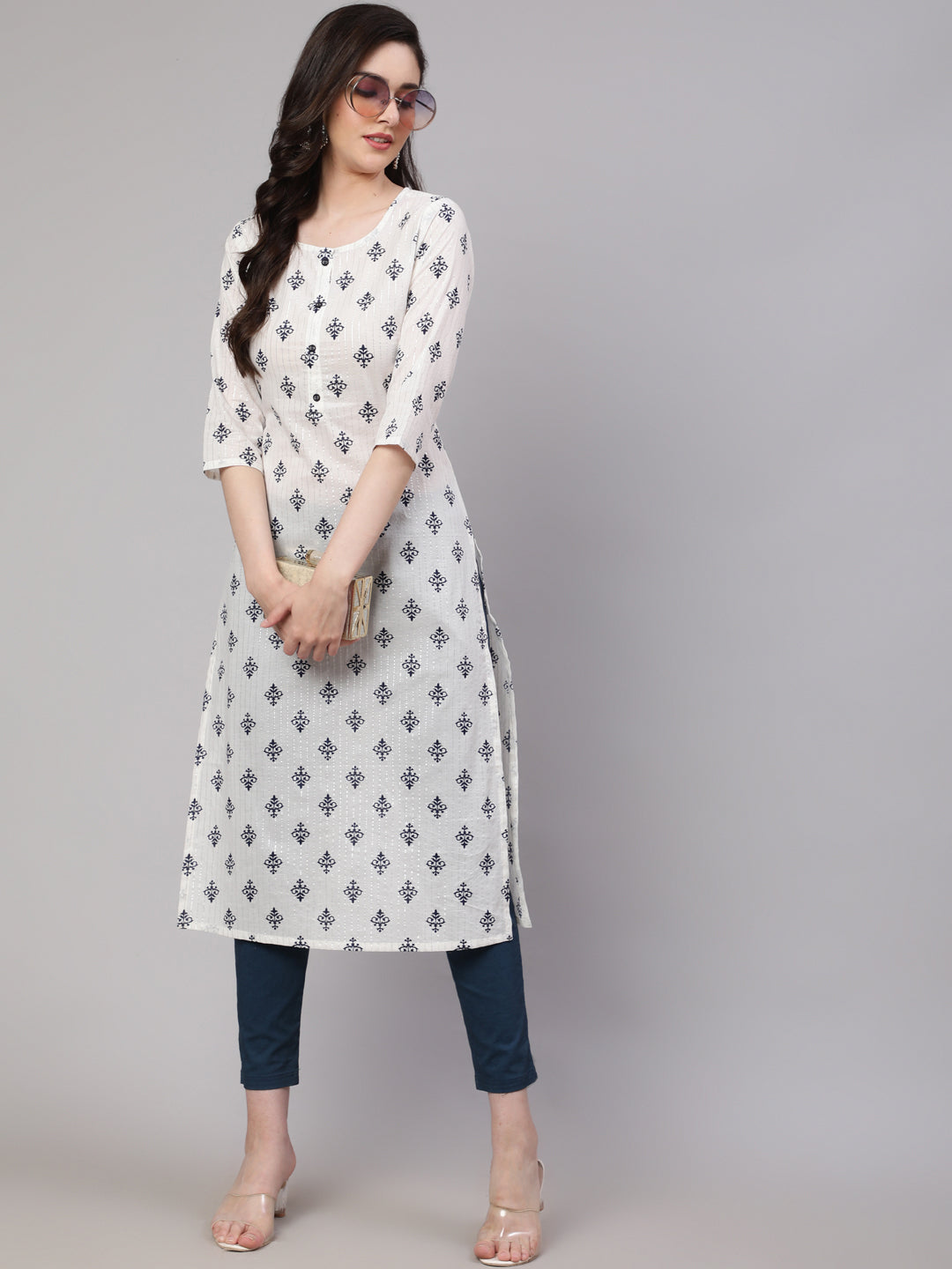 Women Off-White Printed Straight Kurta With Three Quarter Sleeves | LASVINI - Redefining Indian Fashion with Elegance
