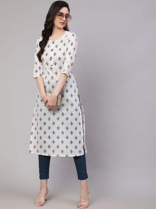 Women Off-White Printed Straight Kurta With Three Quarter Sleeves | LASVINI - Redefining Indian Fashion with Elegance