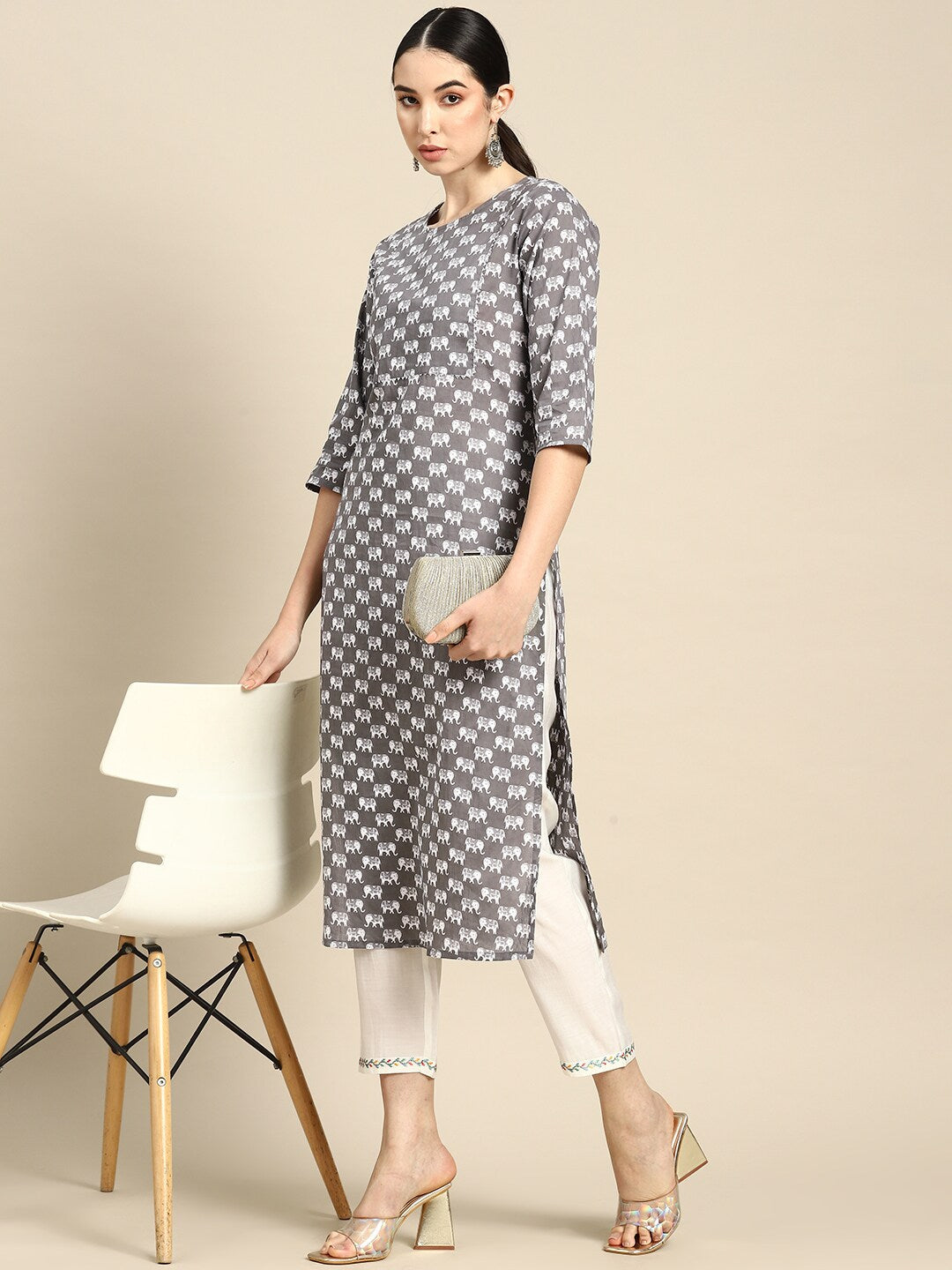 Women Grey Ethnic Printed Straight Kurta With Three Quarter Sleeves | LASVINI - Redefining Indian Fashion with Elegance