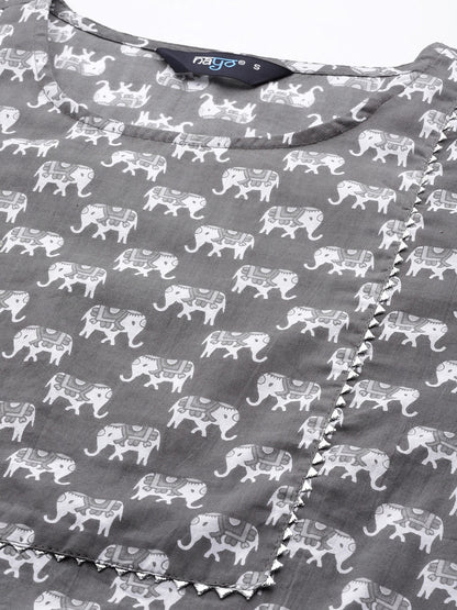 Women Grey Ethnic Printed Straight Kurta With Three Quarter Sleeves | LASVINI - Redefining Indian Fashion with Elegance