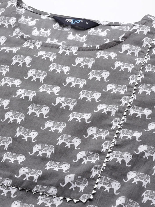 Women Grey Ethnic Printed Straight Kurta With Three Quarter Sleeves | LASVINI - Redefining Indian Fashion with Elegance