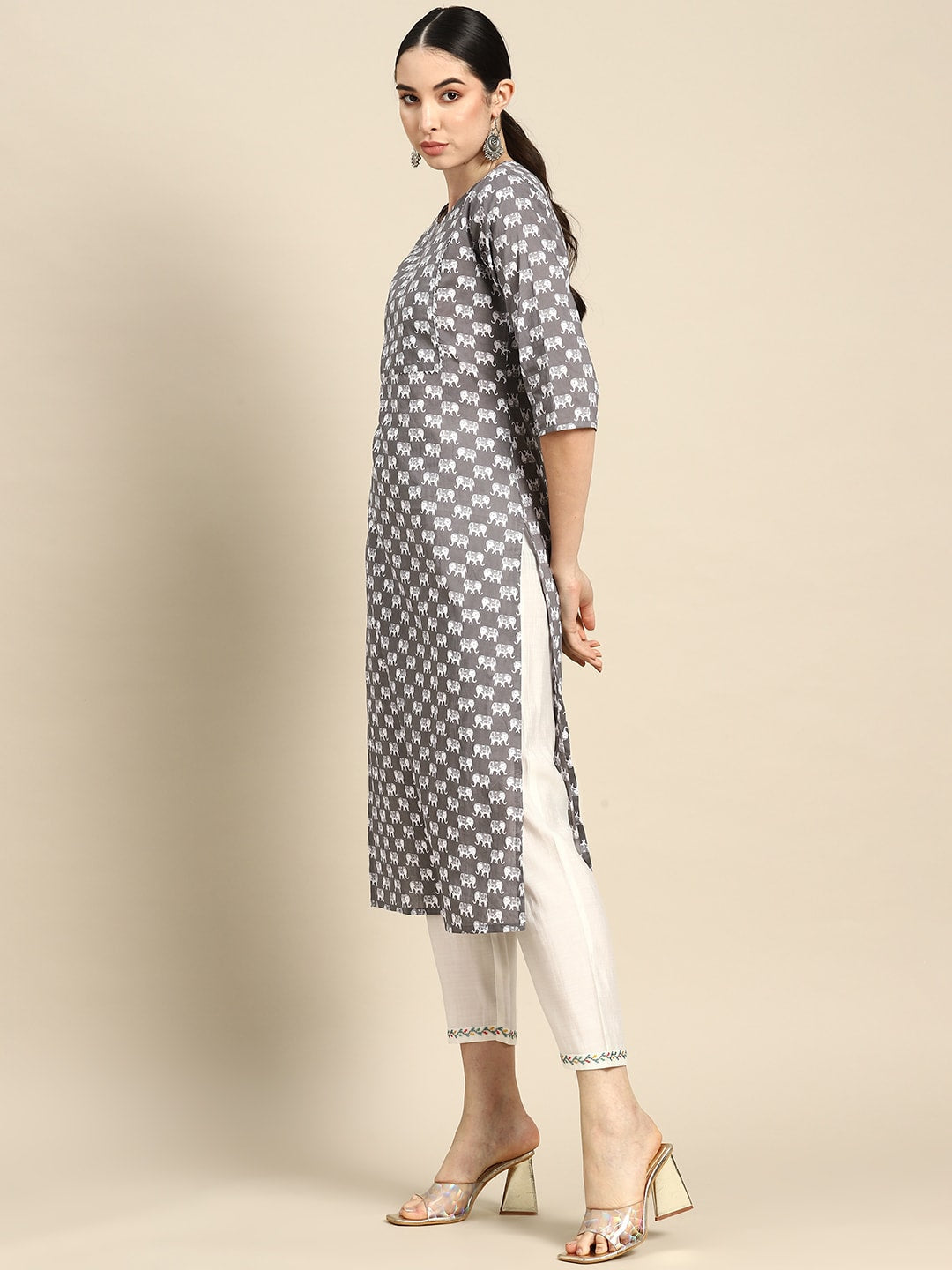 Women Grey Ethnic Printed Straight Kurta With Three Quarter Sleeves | LASVINI - Redefining Indian Fashion with Elegance
