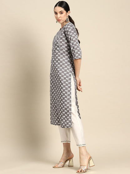 Women Grey Ethnic Printed Straight Kurta With Three Quarter Sleeves | LASVINI - Redefining Indian Fashion with Elegance