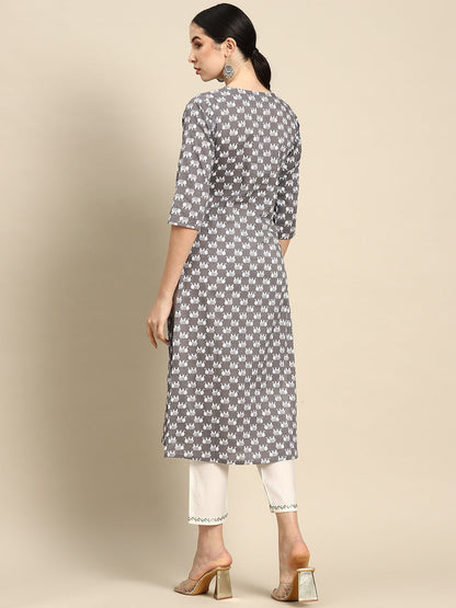 Women Grey Ethnic Printed Straight Kurta With Three Quarter Sleeves | LASVINI - Redefining Indian Fashion with Elegance