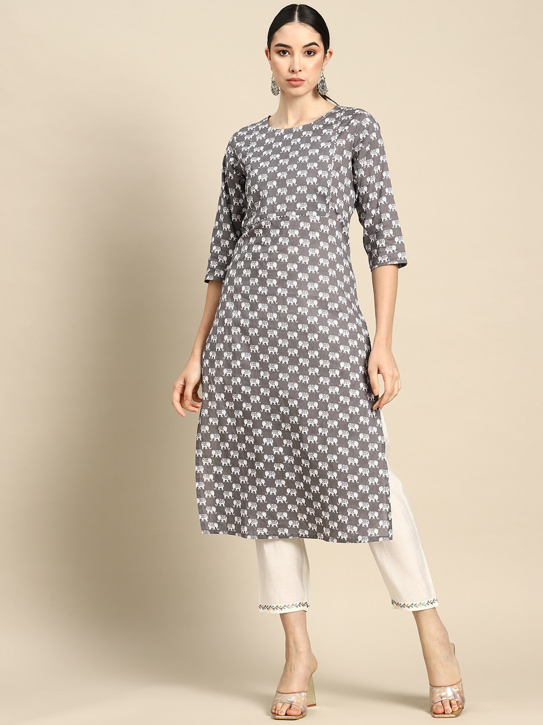Women Grey Ethnic Printed Straight Kurta With Three Quarter Sleeves | LASVINI - Redefining Indian Fashion with Elegance