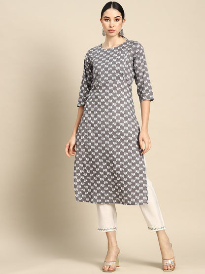 Women Grey Ethnic Printed Straight Kurta With Three Quarter Sleeves | LASVINI - Redefining Indian Fashion with Elegance