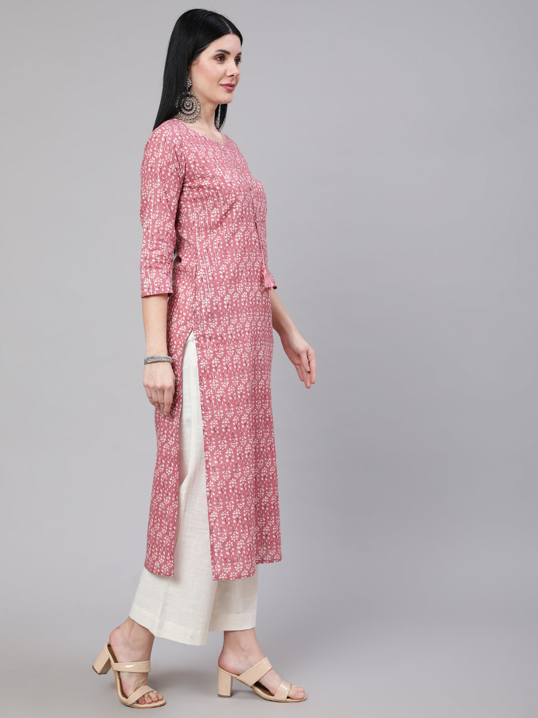 Women Mauve Ethnic Printed Straight Kurta With Three Quarter Sleeves | LASVINI - Redefining Indian Fashion with Elegance