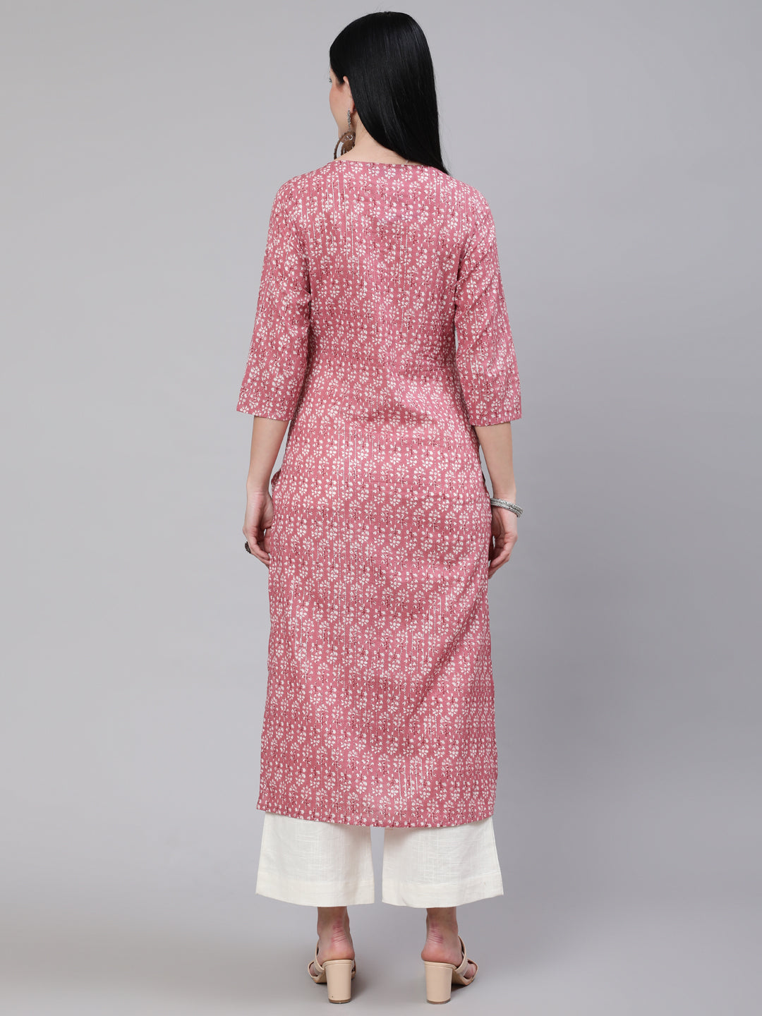 Women Mauve Ethnic Printed Straight Kurta With Three Quarter Sleeves | LASVINI - Redefining Indian Fashion with Elegance