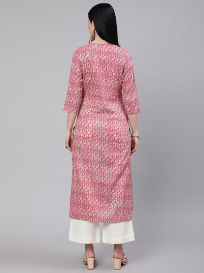 Women Mauve Ethnic Printed Straight Kurta With Three Quarter Sleeves | LASVINI - Redefining Indian Fashion with Elegance