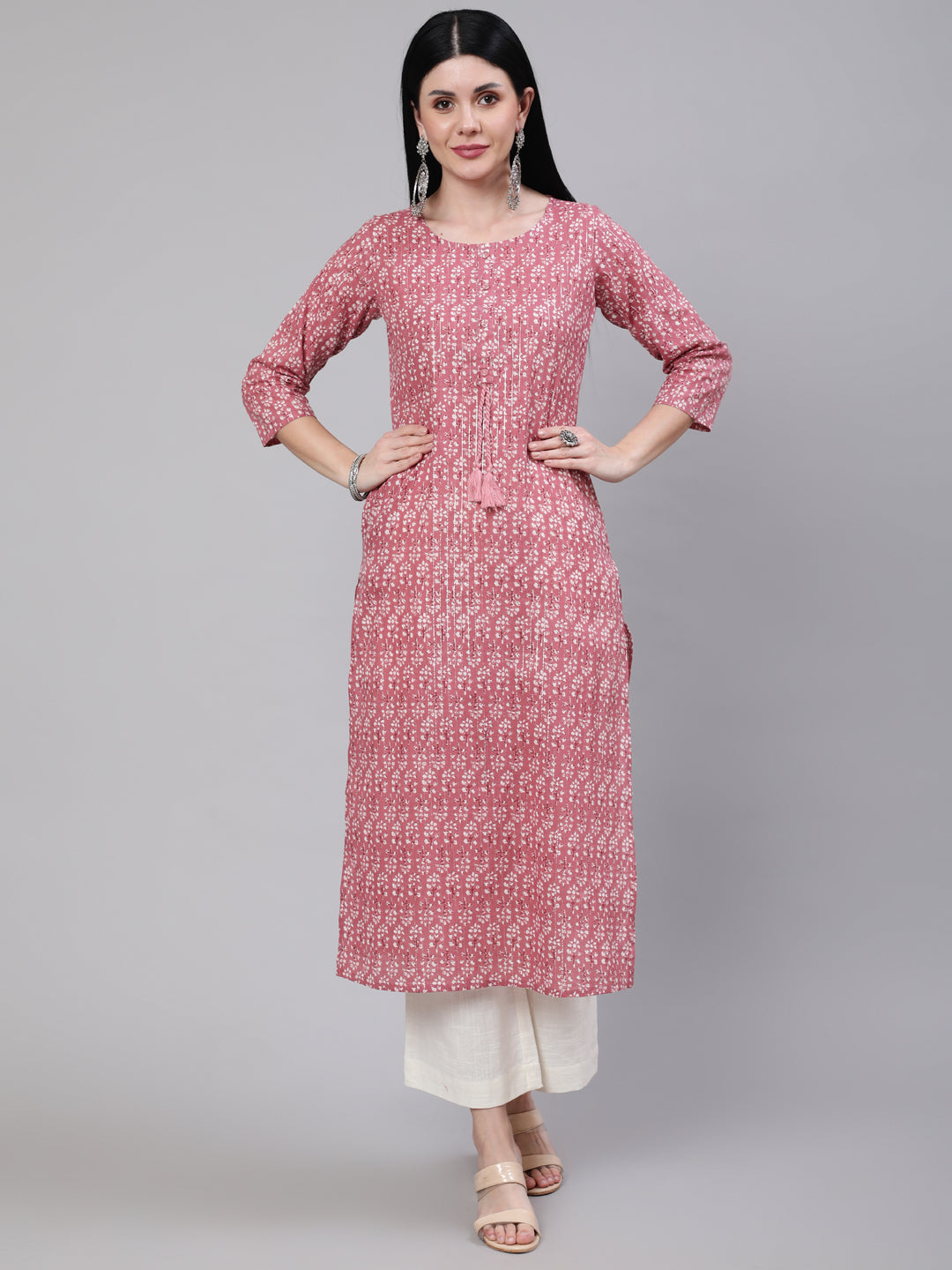 Women Mauve Ethnic Printed Straight Kurta With Three Quarter Sleeves | LASVINI - Redefining Indian Fashion with Elegance