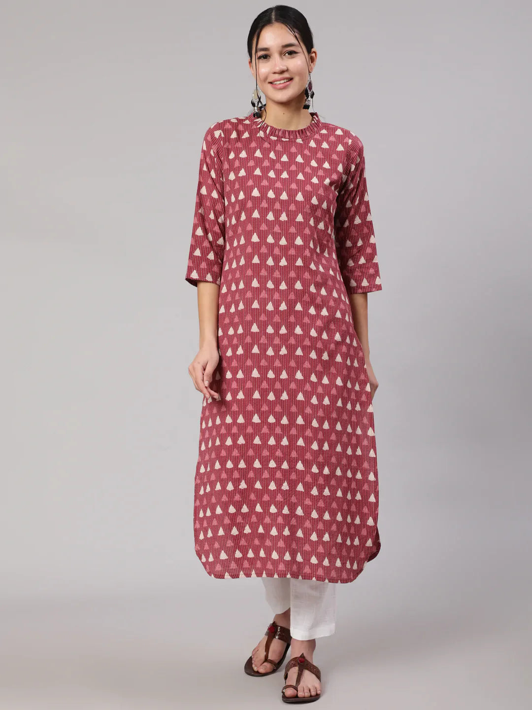 Women Mauve Ethnic Printed Straight Kurta With Three Quarter Sleeves | LASVINI - Redefining Indian Fashion with Elegance